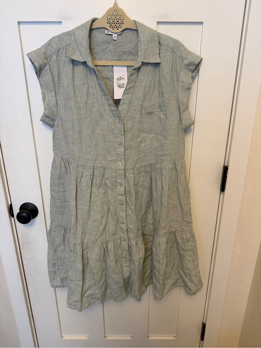 sage green tiered dress European linen short sleeve button front size 10 NWT